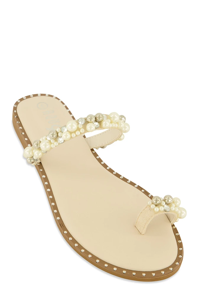 Womens Faux Pearl Rhinestone Toe Loop Slide Sandals,