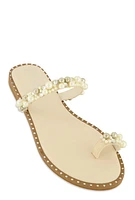 Womens Rhinestone Faux Pearl Toe Loop Slide Sandals