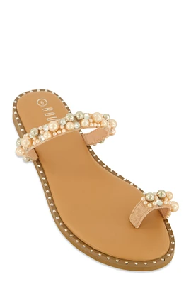 Womens Faux Pearl Rhinestone Toe Loop Slide Sandals, Beige, Size 6