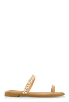 Womens Faux Pearl Rhinestone Toe Loop Slide Sandals, Beige, Size 6