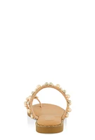 Womens Faux Pearl Rhinestone Toe Loop Slide Sandals, Beige, Size 6