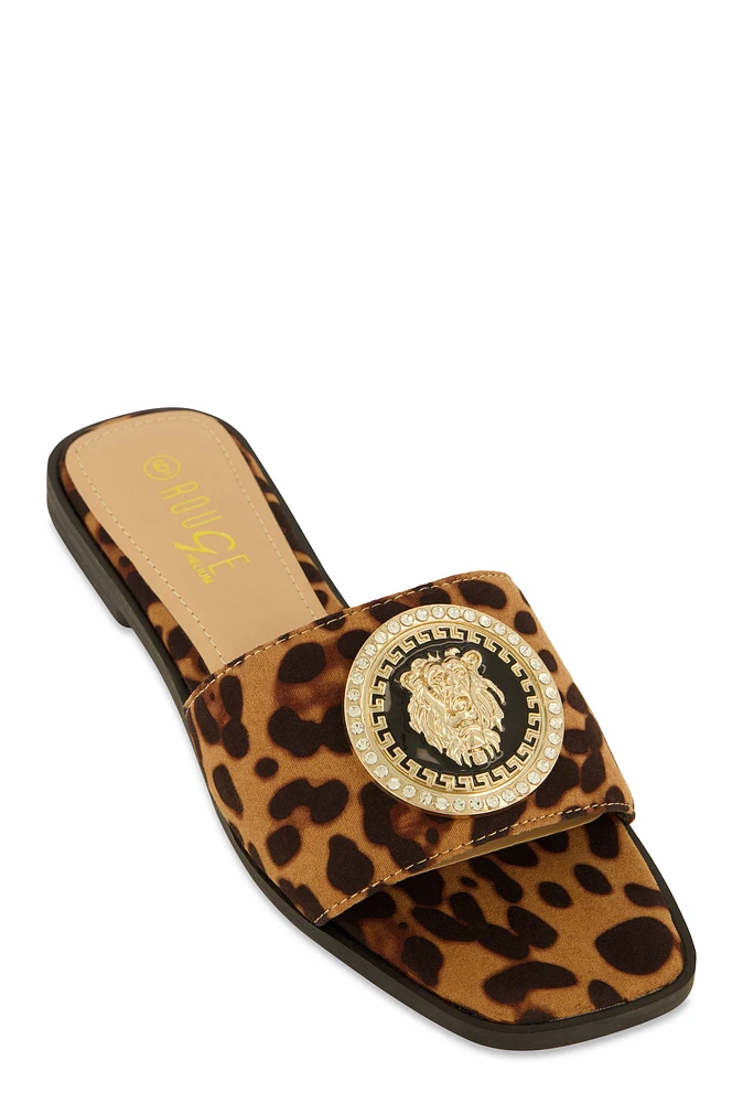 Womens Lion Pendant Slide Sandals,