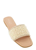 Womens Faux Pearl Band Slide Sandals, Beige, Size 8.5