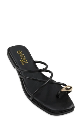 Womens Metallic Toe Loop Strappy Slide Sandals, Black, Size 11