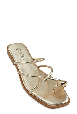Womens Metallic Toe Loop Strappy Slide Sandals, Gold,