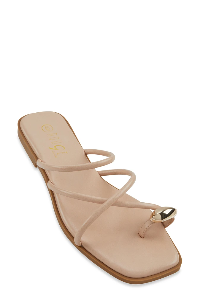 Womens Metallic Toe Loop Strappy Slide Sandals,