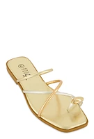 Womens Metallic Toe Loop Strappy Slide Sandals, Gold,
