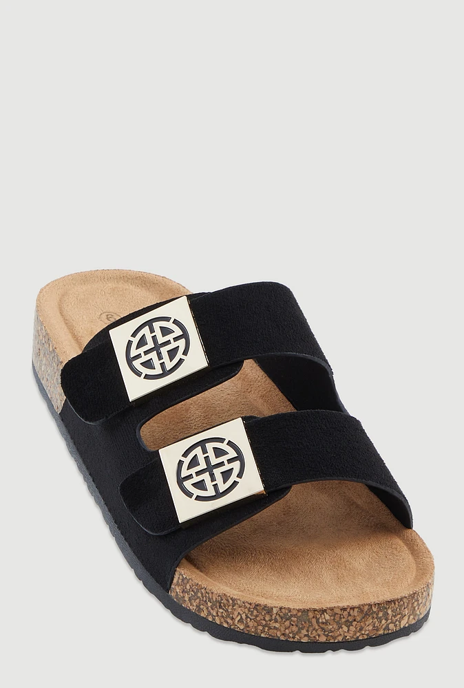 Womens Double Geometric Band Footbed Sandals, Black,