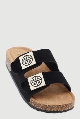 Womens Double Geometric Band Footbed Sandals, Black,