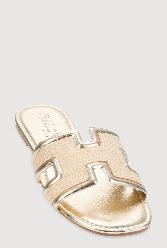 Womens Woven Cut Out Band Slide Sandals, Gold, Size 10