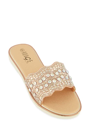 Womens Rhinestone Band Slide Sandals, Rosegold, Size 11