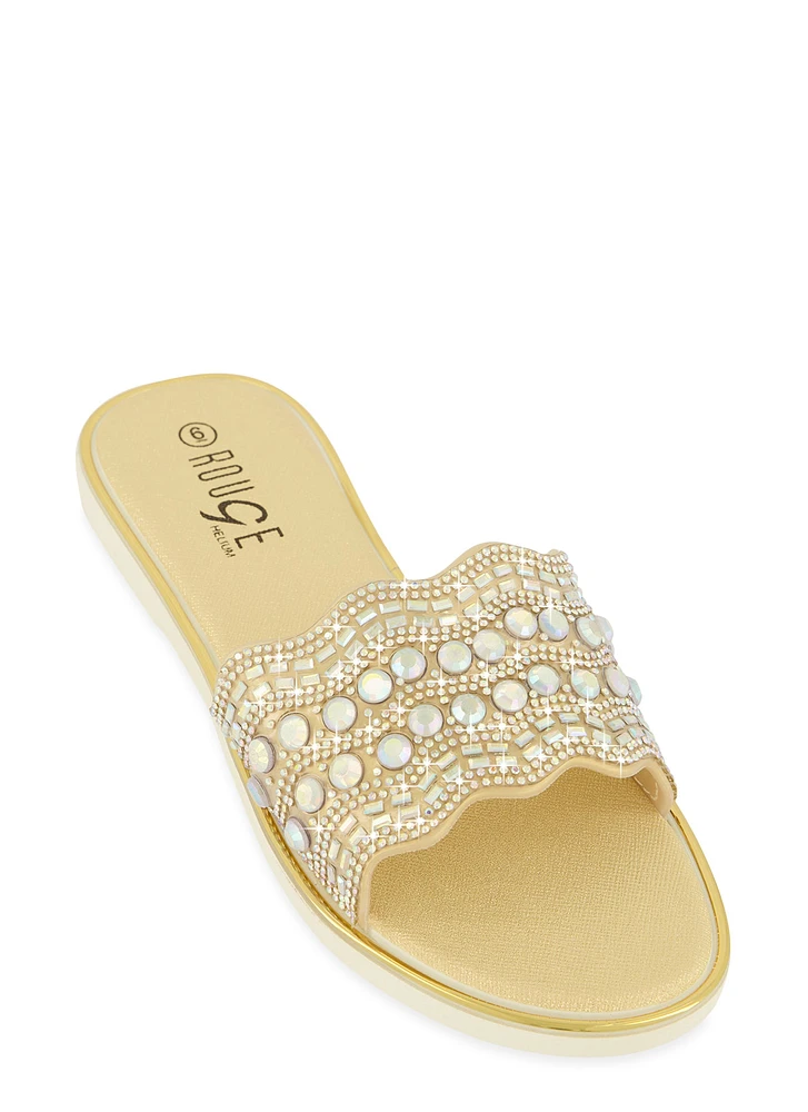 Womens Rhinestone Band Slide Sandals,