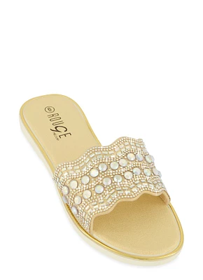 Womens Rhinestone Band Slide Sandals,