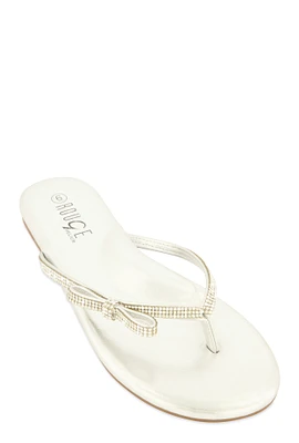 Womens Rhinestone Bow Studded Thong Sandals, Silver,