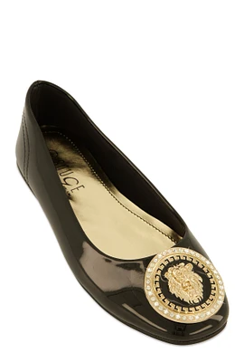 Womens Rhinestone Lion Pendant Ballet Flats, Black, Size 7.5
