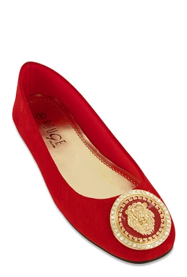 Womens Rhinestone Lion Pendant Ballet Flats, Red, Size 6