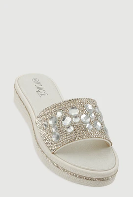 Womens Studded Band Open Toe Slide Sandals, White,