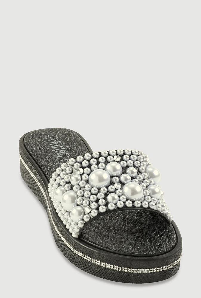 Womens Faux Pearl Studded Band Slide Sandals,