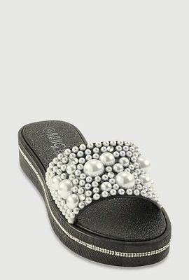 Womens Faux Pearl Studded Band Slide Sandals,