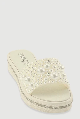 Womens Faux Pearl Studded Band Slide Sandals, White,