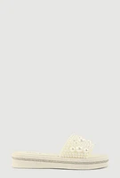 Womens Faux Pearl Studded Band Slide Sandals, White,