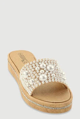 Womens Faux Pearl Studded Band Slide Sandals, Gold, Size 7