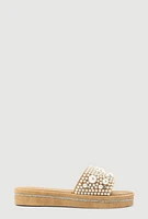 Womens Faux Pearl Studded Band Slide Sandals, Gold, Size 7