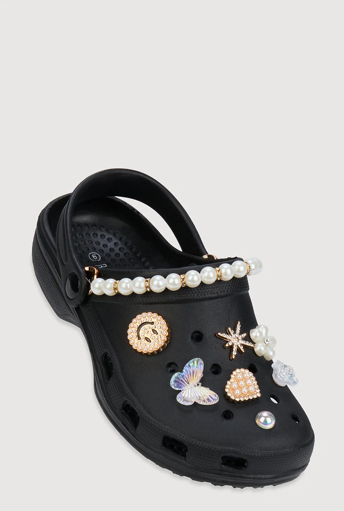 Womens Faux Pearl Rhinestone Charm Slingback Clogs,