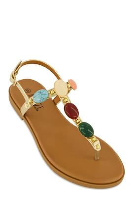 Womens Gemstone Buckle Strap Thong Sandals, Gold, Size 10