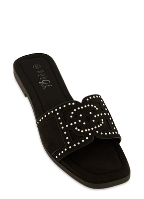 Womens Studded Cut Out Band Slide Sandals,