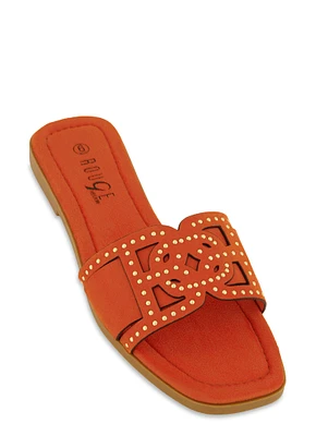 Womens Studded Cut Out Band Slide Sandals, Orange,