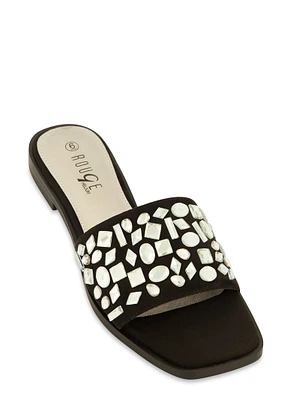 Womens Gemstone Band Square Toe Slide Sandals, Black, Size 8.5