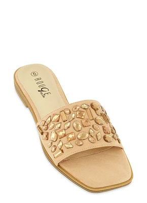 Womens Gemstone Band Square Toe Slide Sandals,