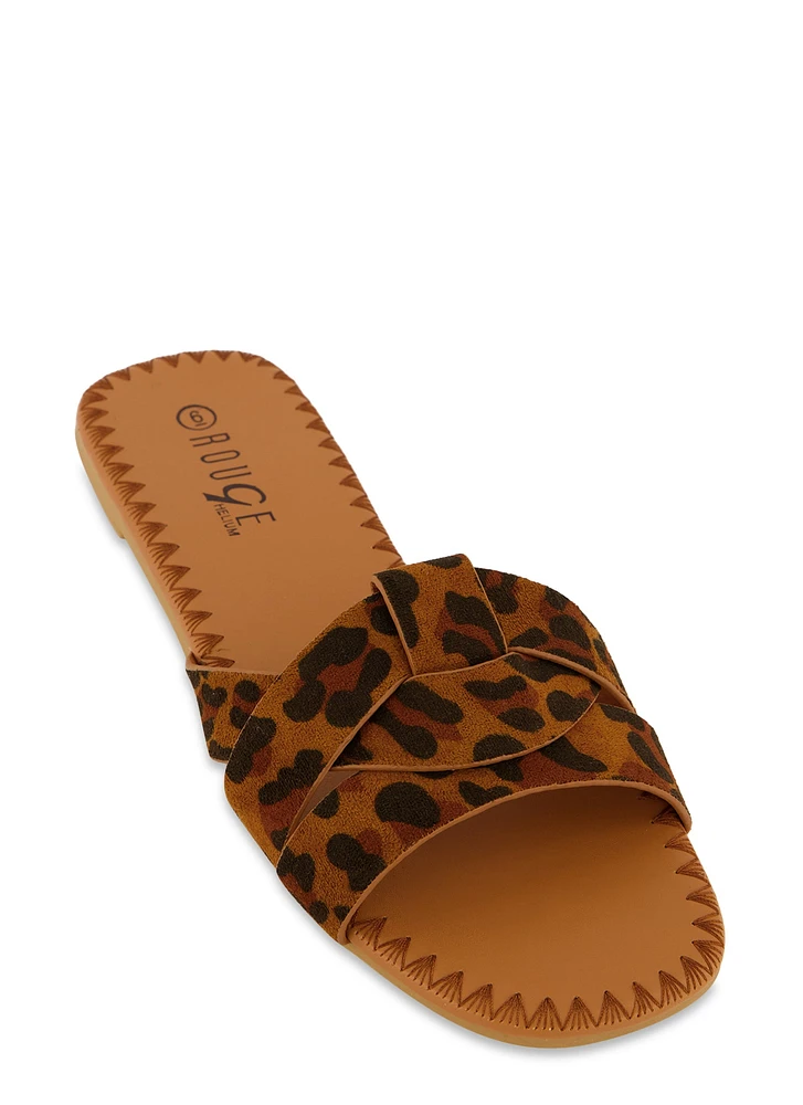 Womens Woven Band Slide Sandals, Brown,