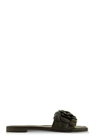Womens Faux Leather Flower Band Slide Sandals,