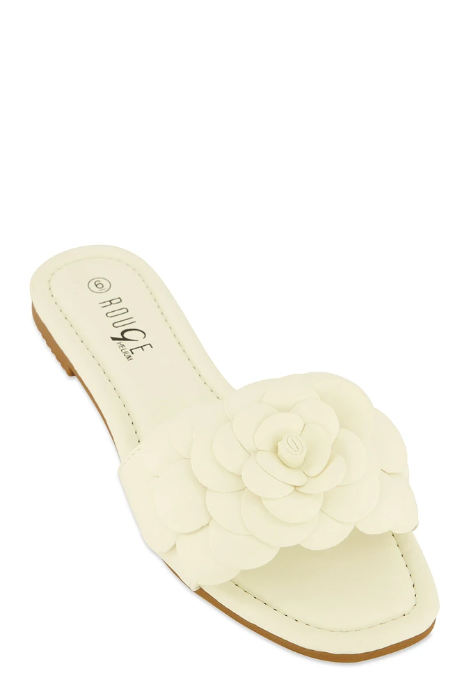 Womens Faux Leather Flower Band Slide Sandals, White, Size 8