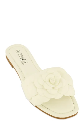 Womens Faux Leather Flower Band Slide Sandals, White, Size 8