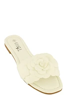 Womens Faux Leather Flower Band Slide Sandals, White, Size 8
