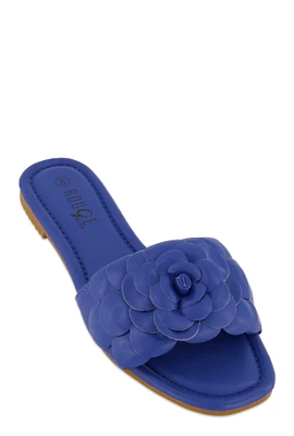 Womens Faux Leather Flower Band Slide Sandals,