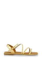 Womens Asymmetrical Metallic Strappy Sandals, Gold, Size 11