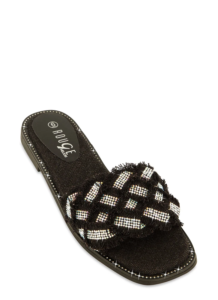 Womens Rhinestone Frayed Braided Band Slide Sandals,