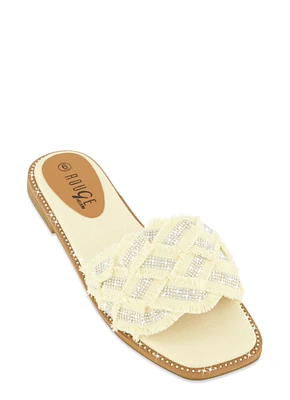 Womens Rhinestone Frayed Braided Band Slide Sandals, White,