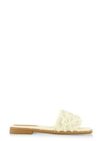 Womens Rhinestone Frayed Braided Band Slide Sandals, White,