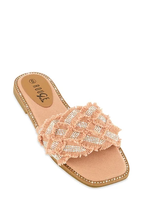 Womens Rhinestone Frayed Braided Band Slide Sandals,