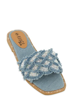 Womens Rhinestone Frayed Braided Band Slide Sandals,