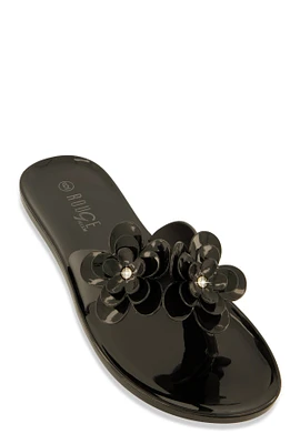 Womens Jelly Rhinestone Flower Detail Thong Sandals,