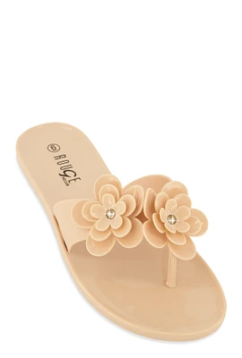 Womens Jelly Rhinestone Flower Detail Thong Sandals,