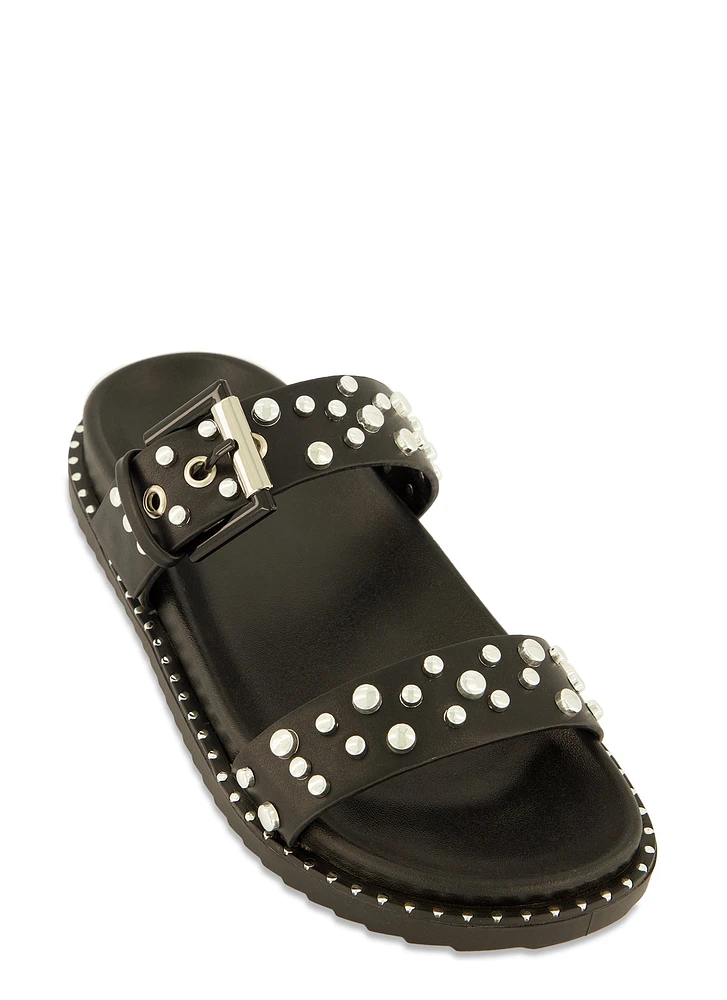 Womens Studded Double Band Footbed Slide Sandals, Black, Size 7