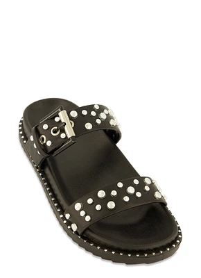 Womens Studded Double Band Footbed Slide Sandals, Black, Size 7