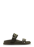 Womens Studded Double Band Footbed Slide Sandals, Black, Size 7